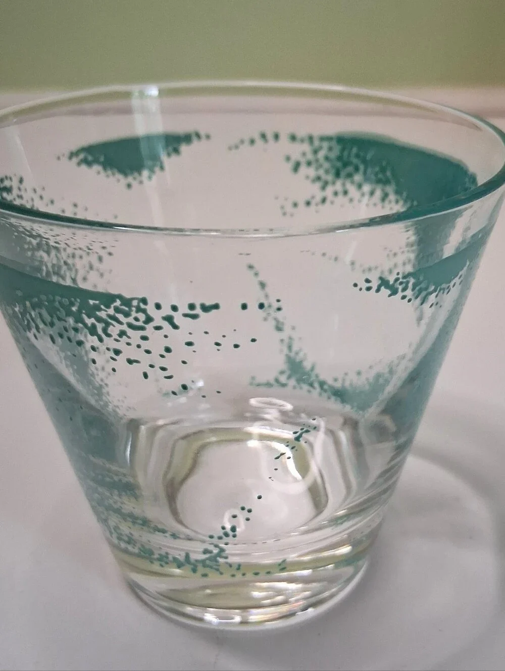 Vintage Fred Press Signed Teal Stipple Rocks Glass MCM Mid Century Barware